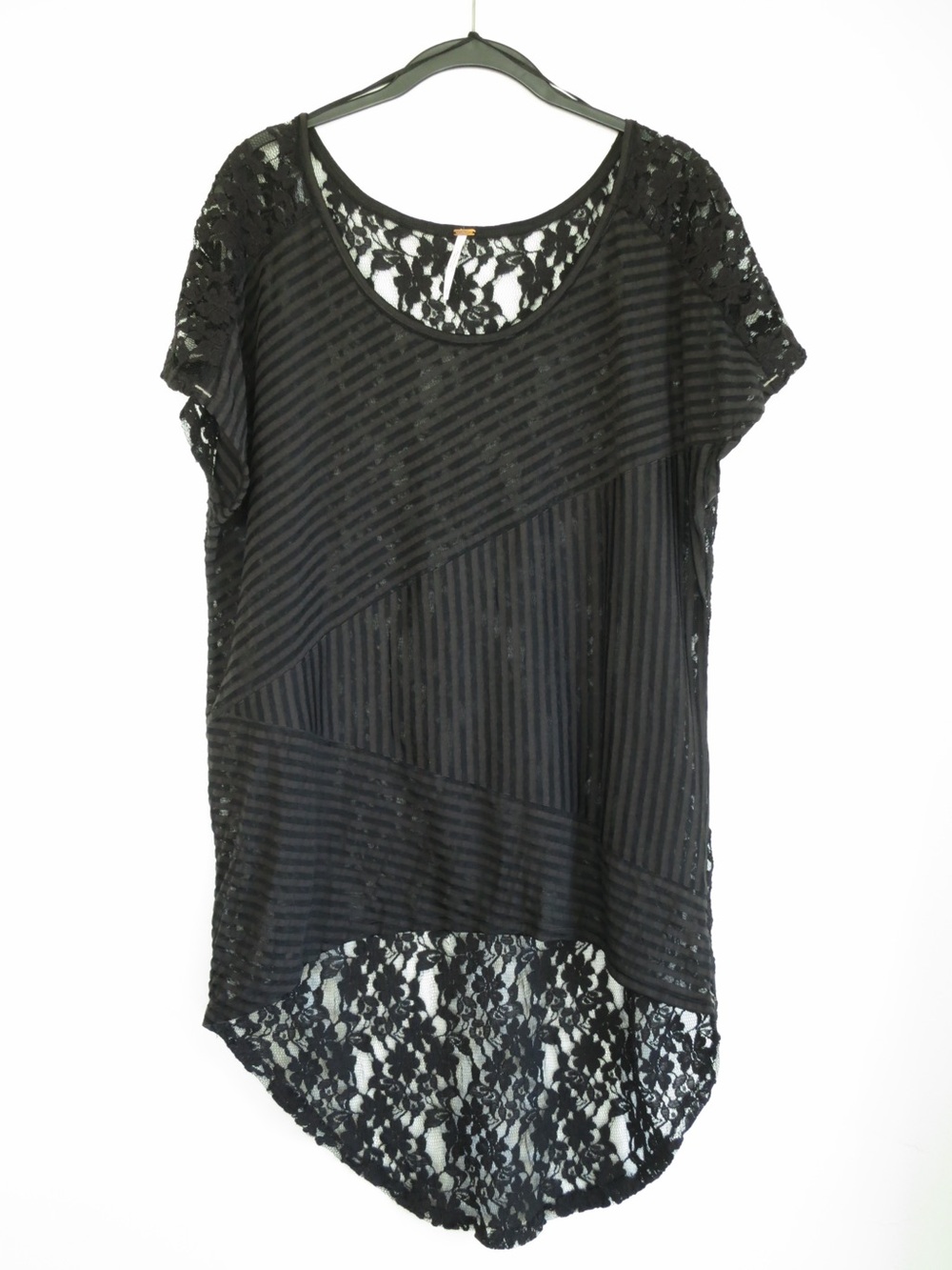 Free People Black Lace Striped Short Sleeve Tunic Top